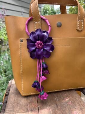 Purple Flower Purse Charm Genuine Leather Beautiful Purple Flowery Bag Charm
